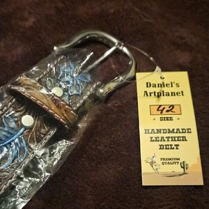 Handmade Leather Belt with Blue and Brown Design